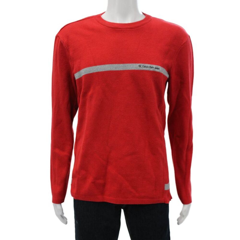 Calvin Klein Jeans Mens Red Striped Crew Neck Long Sleeve Pullover Size L